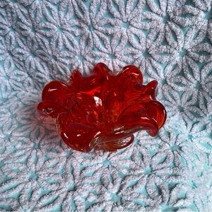 Vintage Art glass ruffle edge candy dish‎ red orange chalet style glass MCM